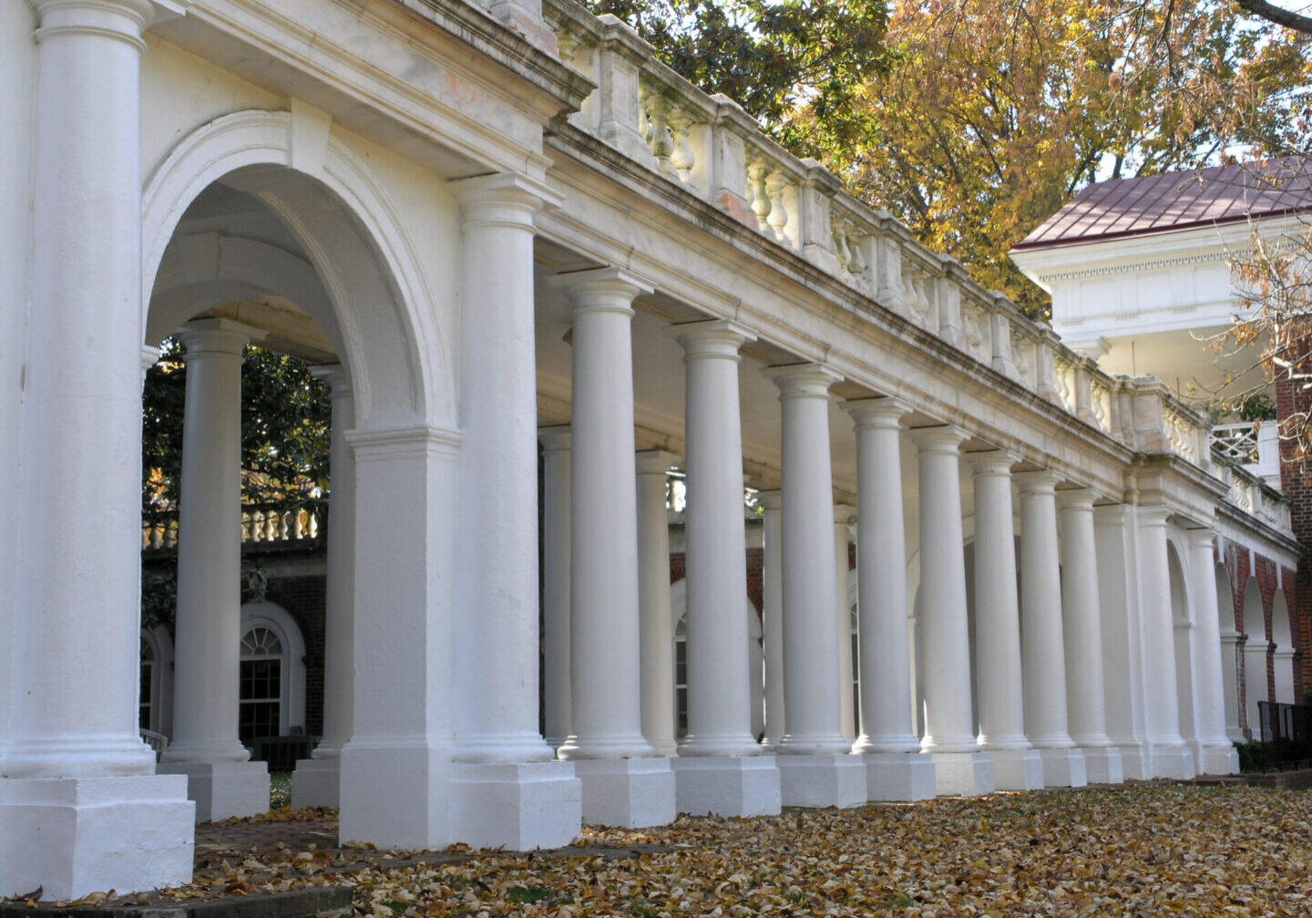 Columned walkway that is part of Thomas Jeffersons Rotunda on the campus of the University of Virginia, Charolottesville,  United States of America.